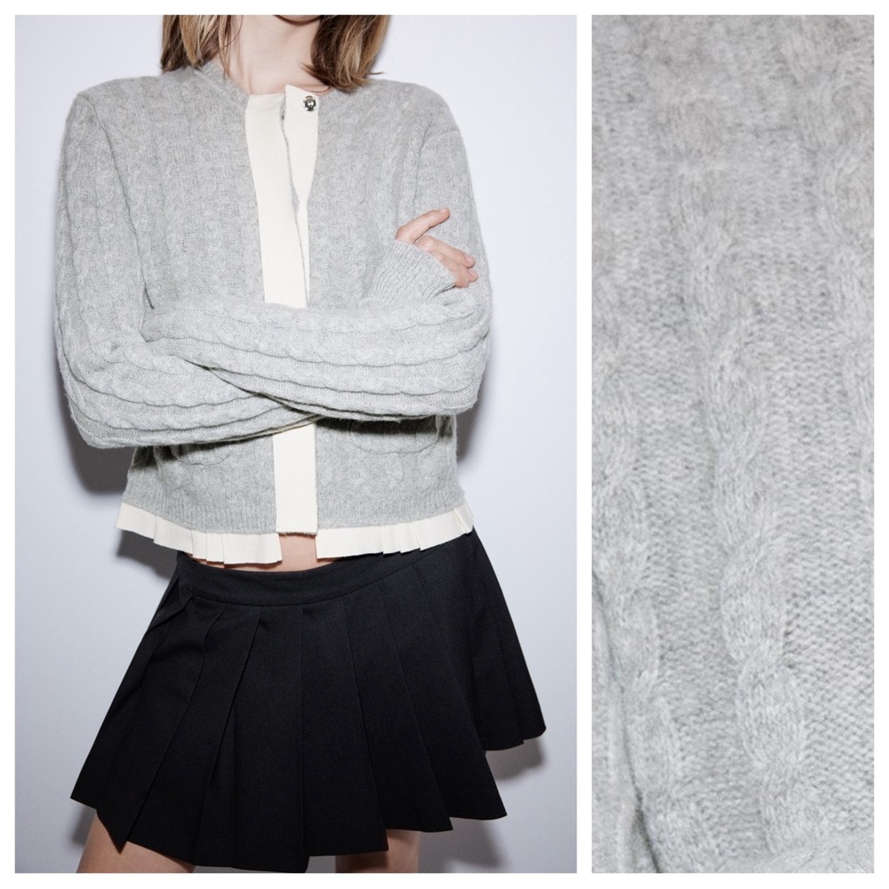 NWT. Zara Grey 100% Wool Cable-Knit Cardigan with Trims. Size L. - Picture 3 of 12